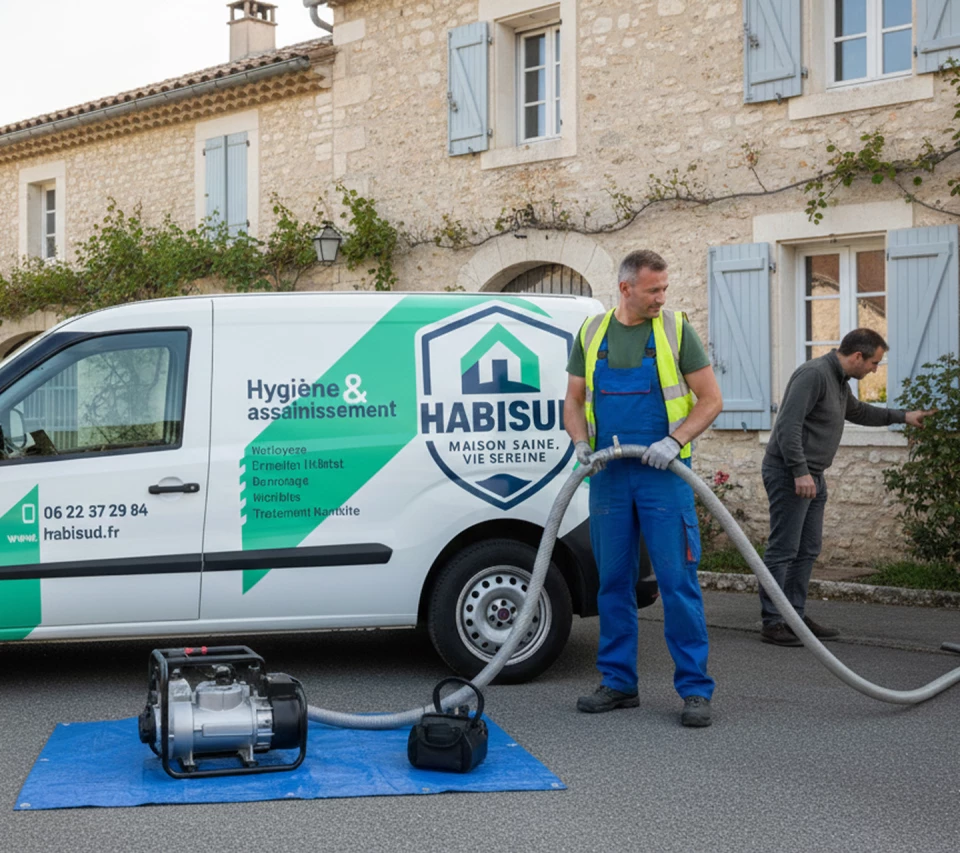 Technicien Habisud réalisant une intervention de traitement de l’humidité et d’assainissement de l’habitat dans le Var