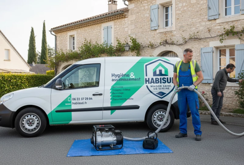Technicien de l’entreprise Habisud intervenant sur un site en Provence, avec un véhicule de la société et un équipement d'assainissement pour assurer l’hygiène de la maison.